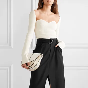 

2020 Spring New Women Arc Hem Side Split Sweater Solid Color Sexy Long Sleeve Knitted Bottoming Shirt New Fashion