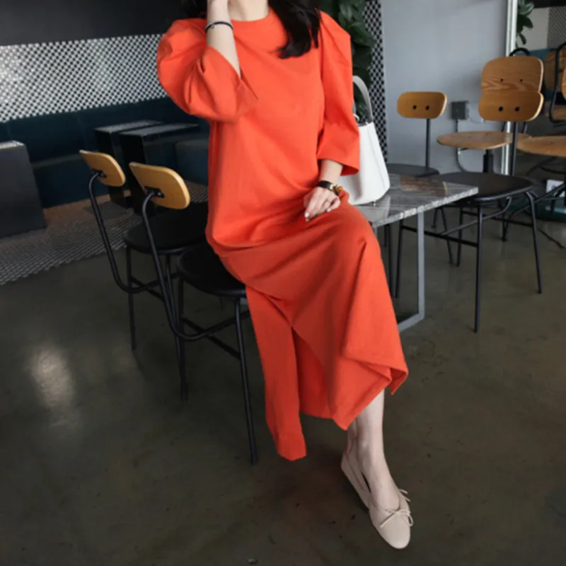 LANMREM Spring New Casual Fashion Temperament Women Loose Plus Solid Color Split Round Neck Sleeve Dress TC655