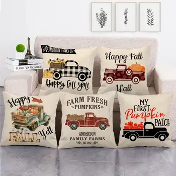 

45cm*45cm Autumn watercolor pumpkins truck design linen/cotton throw pillow covers couch cushion cover home decor pillow