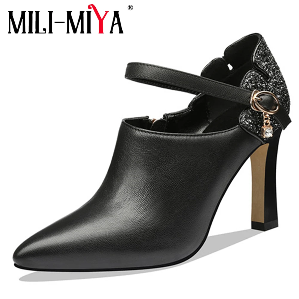 

MILI-MIYA New Design Women Pumps Pointed Toe Sheep Skin Thin Heels Buckle Strap& Zipper Crystal Office&Career Lady Shoes