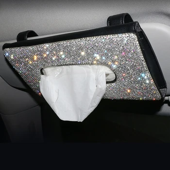 

Bling Crystal Car Tissue Box Sun Visor Diamond Leather Auto Tissue Paper Holder Case Sunvisor Hanging Napkin Car Accessories