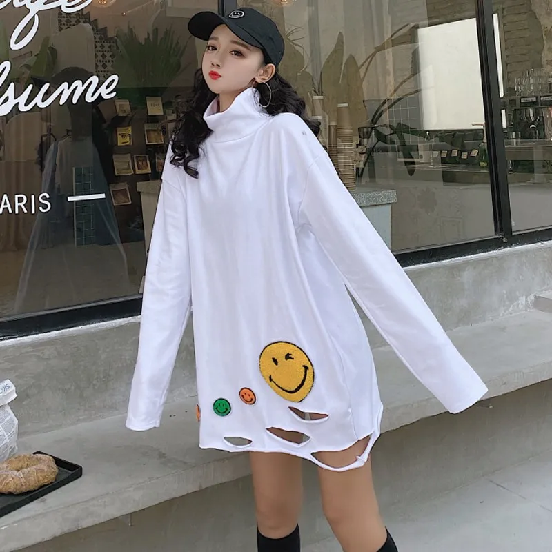 Осень зима плюс бархат высокий воротник выдалбливают футболки средний и длинный раздел свободные смайлик патч Белый с длинным рукавом Топы