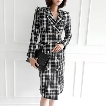 

HAMALIEL High Quality Fashion Tweed Double-breasted Outerwear Winter Women Black White Plaid Woollen Cloth Thick Warm Overcoat
