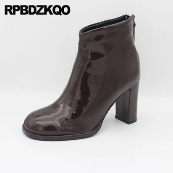 

zipper autumn brand booties shoes women ankle boots 2019 round toe short block chunky patent leather fur winter high heel fall