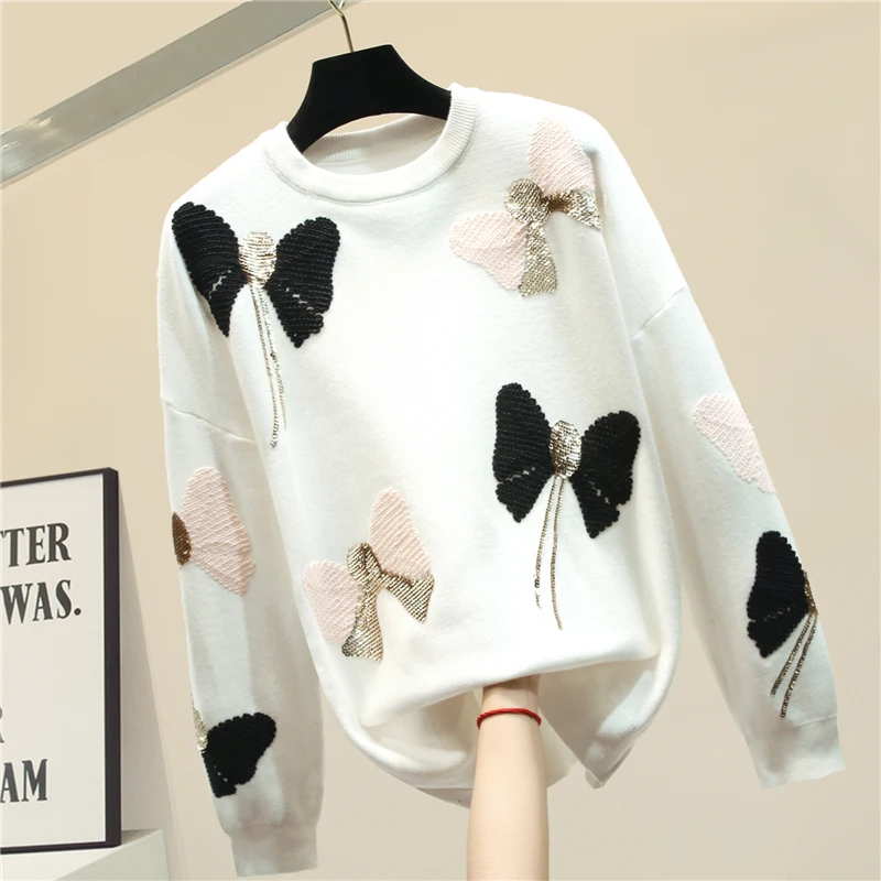 

Sequined Bow Sweater Women's 2020 New Thick Autumn and Winter Sweater Coat Loose Sweaters Girls Ladies Pullover Pull Femme