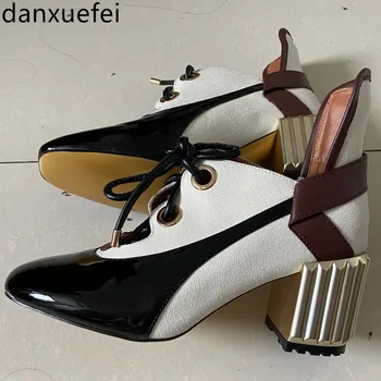 

Women's genuine leather canvas patchwork lace-up thick high heel high top pumps OL style female comfortable autumn heels shoes