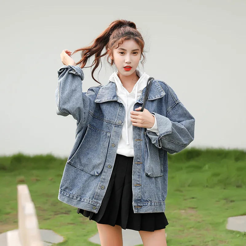 

2019 Autumn New Style BF Style Versatile Retro Japanese-style Loose-Fit Couples Jeans Coat Short Students Women's