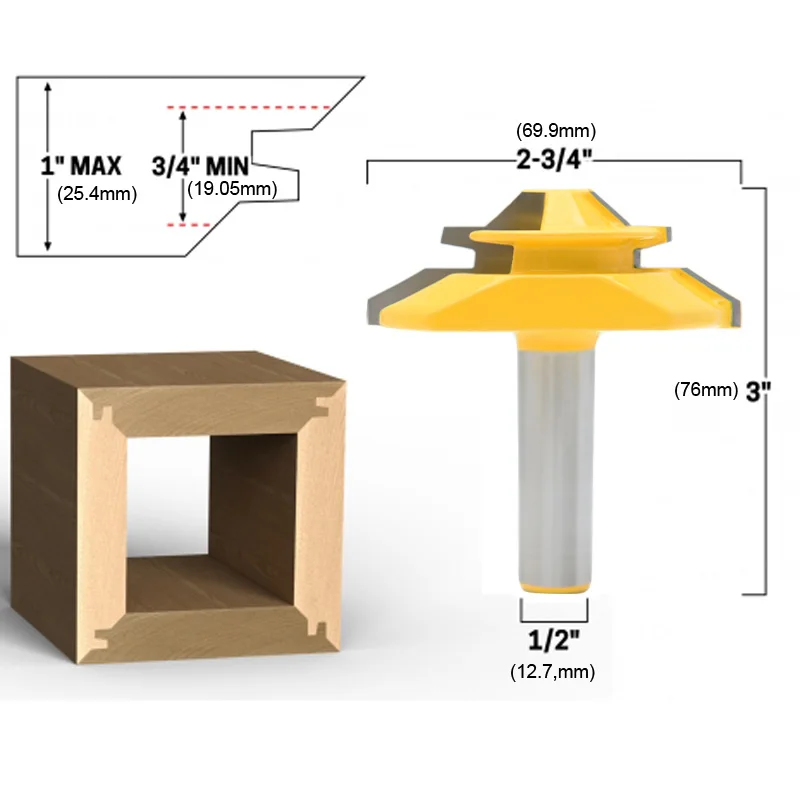 

45 Degree Lock Miter Router Bit 1/2 1/4 Shank Woodworking Tenon Milling Cutter Tool Drilling Milling For Wood Carbide Alloy