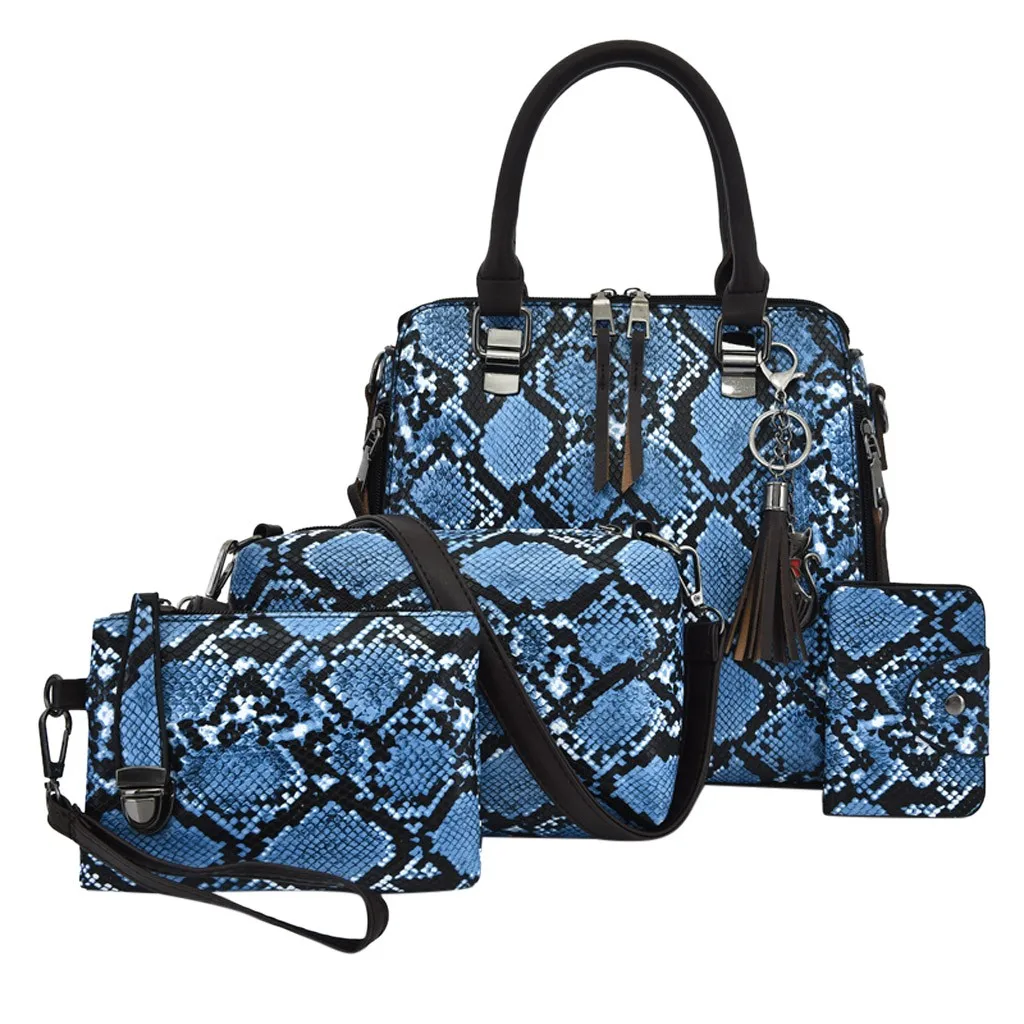 4pcs/Set Fashion Women Handbags Snake Prints PU Leather Composite Bag Messenger Clutch Set Large Shoulder Bag Purse Female Sac clutches black	 Clutches