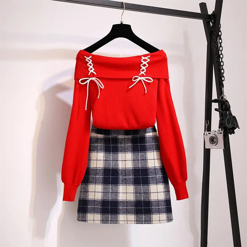 Сексуальный комплект из топа и юбки, женский комплект одежды из 2 предметов г., осенне-зимняя одежда комплект из 2 предметов для девочек свитер в Корейском стиле