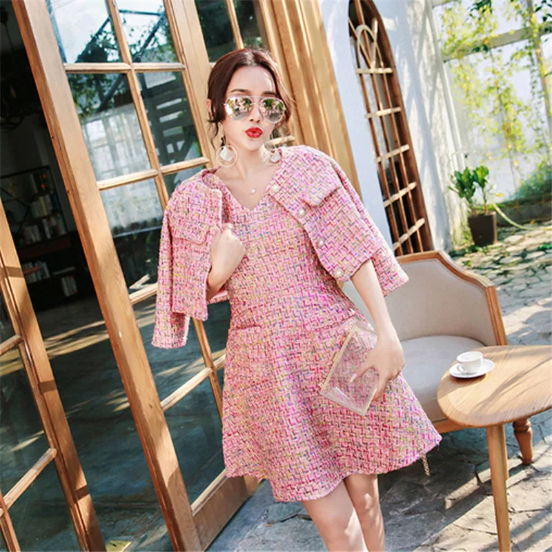 

2019 New arrival Fashion Women's Pink Tweed Pearl Button Jacket Coat + Two Pieces Sleeveless Short Dress Sets Coat and Dress Set
