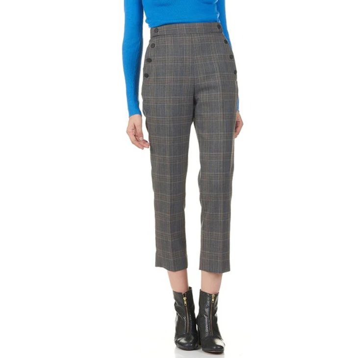 

Plaid Ankle Length Pants Women Casual Straight Pants Button Pockets Trousers Autumn Winter