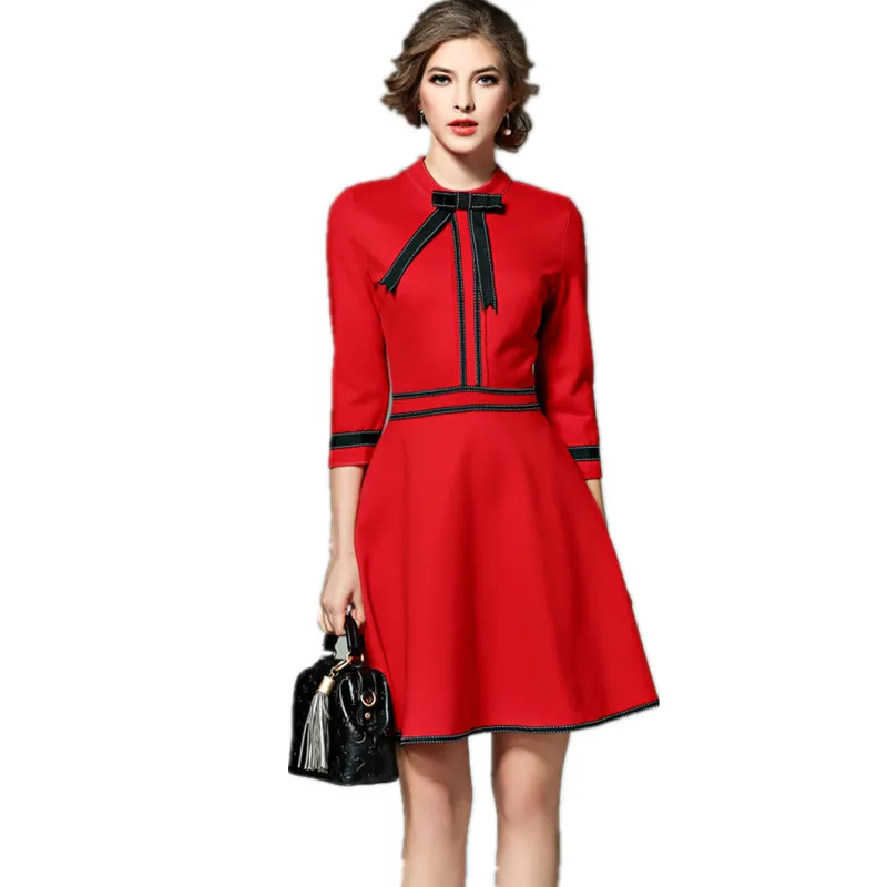 

Elegant Contrast Colours Christmas Red Dress New 2019 Autumn Women Casual 3/4 Sleeve A Line Dress With Bow And Pocket
