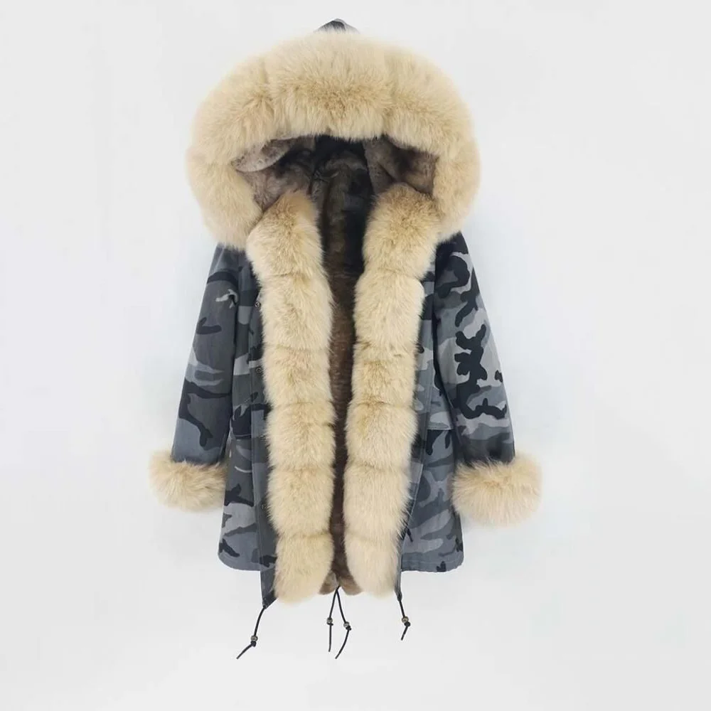 G Camouflage Beige Новое поступление парка из натурального Лисьего меха пальто с капюшоном и большим воротником зимняя теплая плотная камуфляжная верхняя одежда VS9103 - Color: G Camouflage Beige
