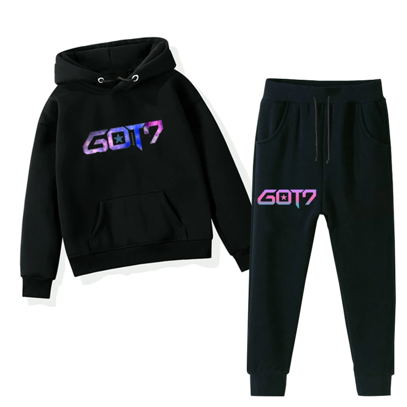 Got7 Kpop Печать Дети с капюшоном верхняя одежда, в Корейском стиле, Толстовки с капюшоном для девочек зимние футболки на мальчиков штaны лeггинсы 2 шт./компл. Straykids Детский костюм - Цвет: 924-925h-bj-1219.2