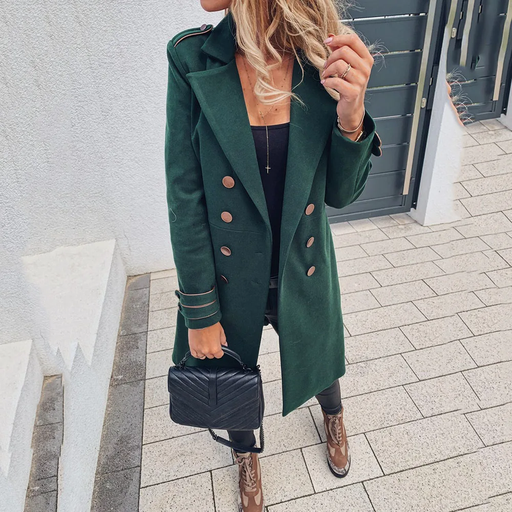 

Elegant Women Wool Blends Korean Office Ladies Retro Basic Plain Lapel Double Breasted Long Overcoat Minimalist Style Green