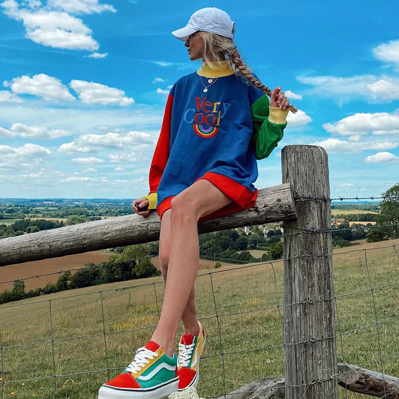 Y2K E-girl Letter Embroidery Aesthetic Sweatshirts for Women Rainbow Oversized Turtleneck Patchwrok Tops Tees Streetwear Korean