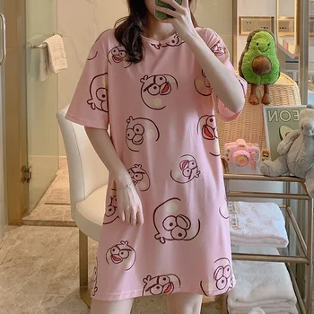 

Women Nightgowns Nightdress Cotton ShortStyle Night Dress Short-sleeved Solid Colors Home Clothes Large Cartoon Women Sleepwear