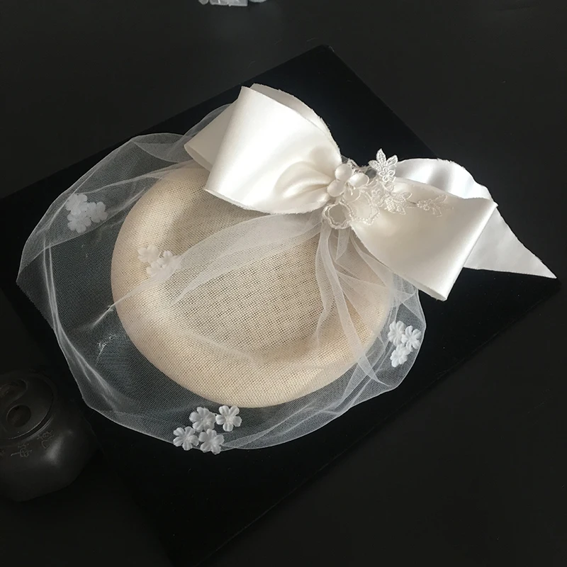 Женская шляпа-федора ручной работы, льняная фетровая шляпа-чародей, вечерние головные уборы, свадебная вуаль с бантом, LM070