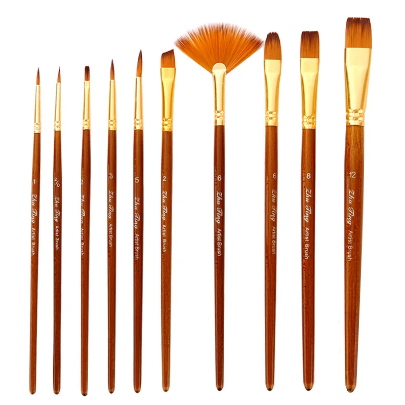 

10Pcs/set Nylon Artist Paint Brush Pen Professional Watercolor Acrylic Wooden Handle Painting Brushes Art Supplies Stationery