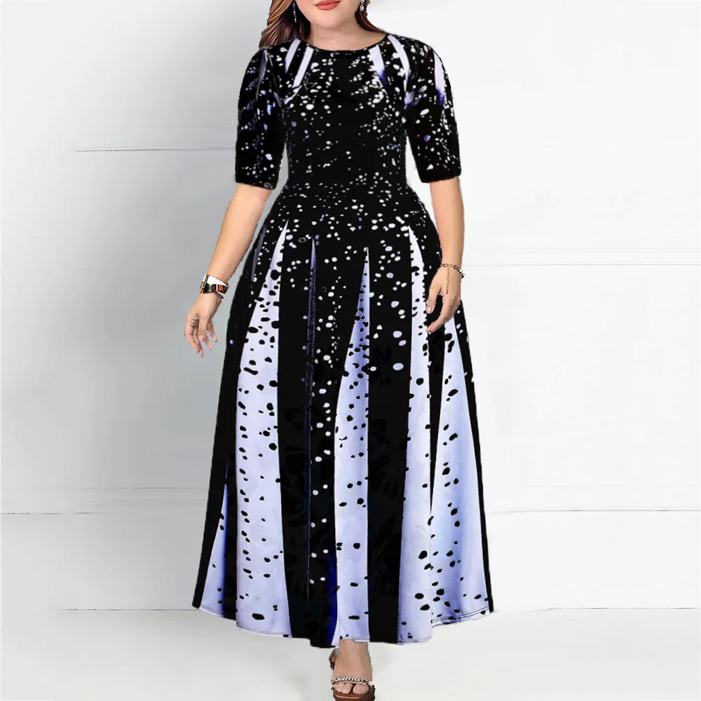 

Plus Size Print Evening Party Dress Women Half Sleeve Elegant Long Maxi Dress Contrast Color Spring 2020 Ladies Office Dress