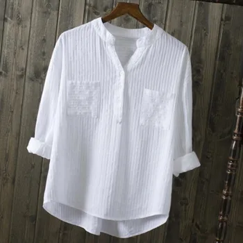 

JUAYKALA2019 Spring Summer Women White Shirts Blouses V-Neck Long Sleeve Shirts Cotton Casual Shirts Tops Women