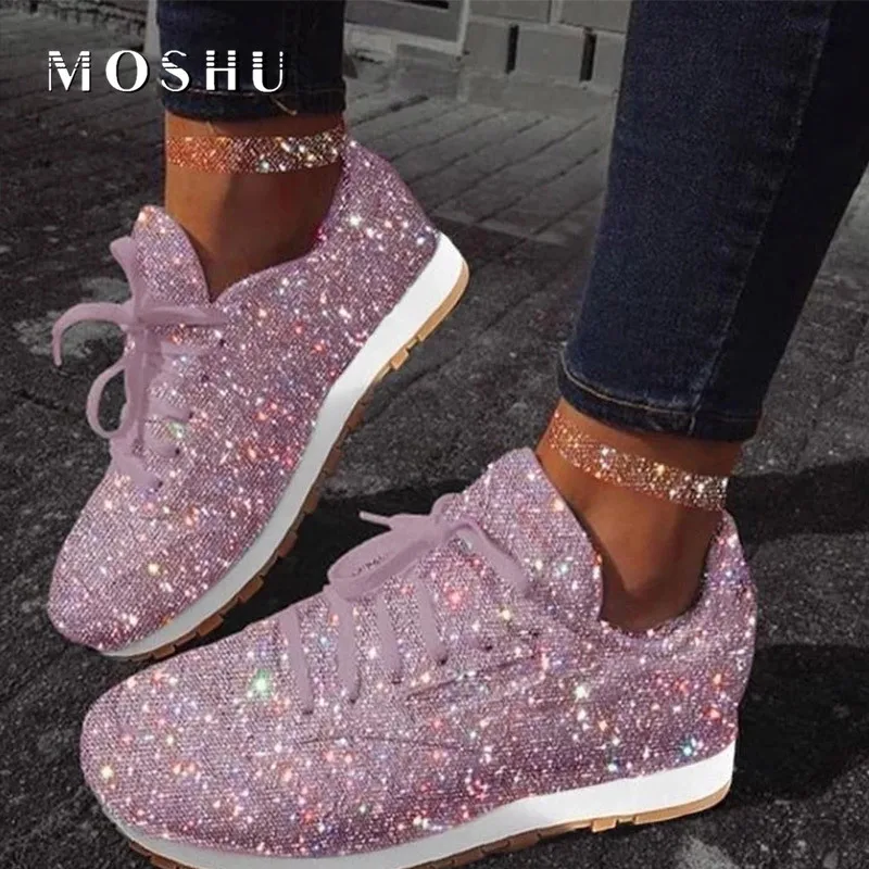 Cena 2020 jesień kobiet płaskie buty Bling wulkanizowane trampki kobiece obuwie siatki zasznurować panie platformy mody trampki 43