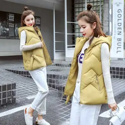 yellow Женский короткий жилет, зимний жилет с капюшоном большого размера, теплый пуховик для улицы, Женский хлопковый жилет, осеннее пальто без рукавов, бодиутеплитель - Цвет: yellow