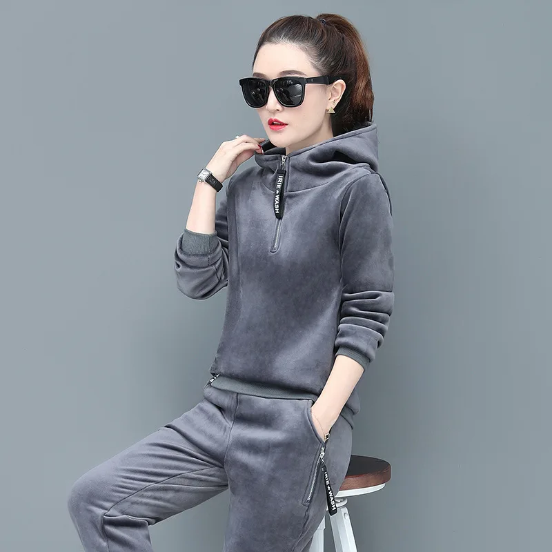 

Winter Women Sport Suit Thick Velour Fleece Warm Hoodie Sweatshirt+sweatpant Casual Jogger Running Workout Outfit Set Sportswear