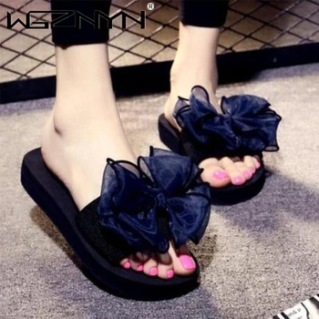 

Summer Quality Slippers Women Flip Flops Fashion Solid Color Bow Flat Heel Sandals Outdoor Platform Shoes Beach Shoes for Female