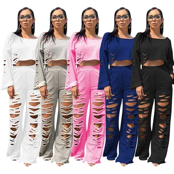 

2020 Autumn New Suit European and American Women's Hot Selling Solid Color Jumper Hole Bell-bottom Pants Two-Piece Set