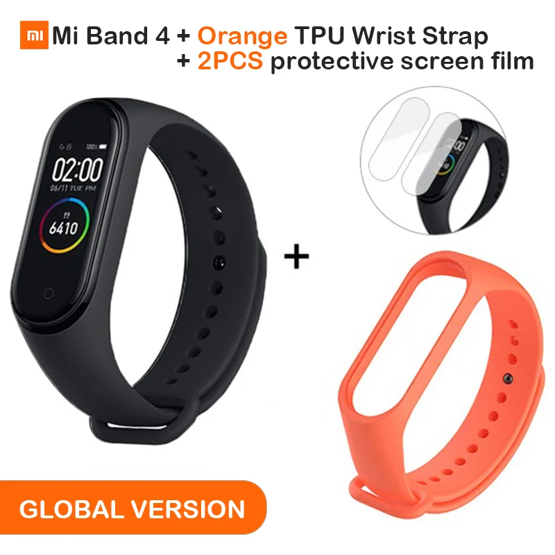 Add Orange Strap Глобальная версия, Xiaomi mi, 4 смарт-браслета, цветной дисплей, браслет, пульсометр, фитнес, Bluetooth, 5,0, для плавания, mi ng, водонепроницаемый - Цвет: Add Orange Strap