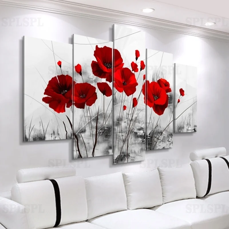 Modern Canvas Painting 5 Pezzi Di Fiori Combinati Poster Astratti Red Poppy Canvas Printings Immagini A Parete Per Soggiorno
