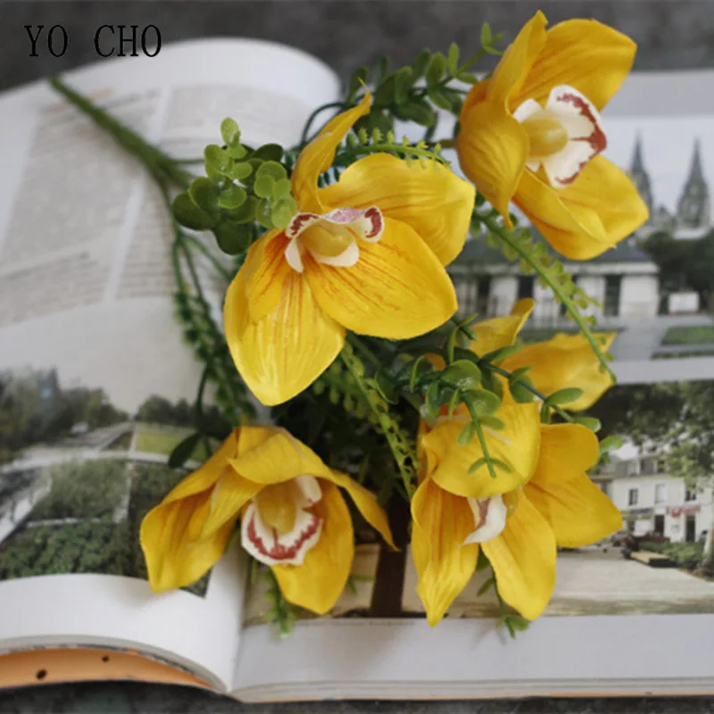 Yellow YO CHO 1 букет, искусственные цветы, орхидеи, 5 голов, шелковые цветы для рукоделия, вечерние, свадебные, настольные, для дома, ваза, настенные, декоративные, ремесленные цветы - Цвет: Yellow