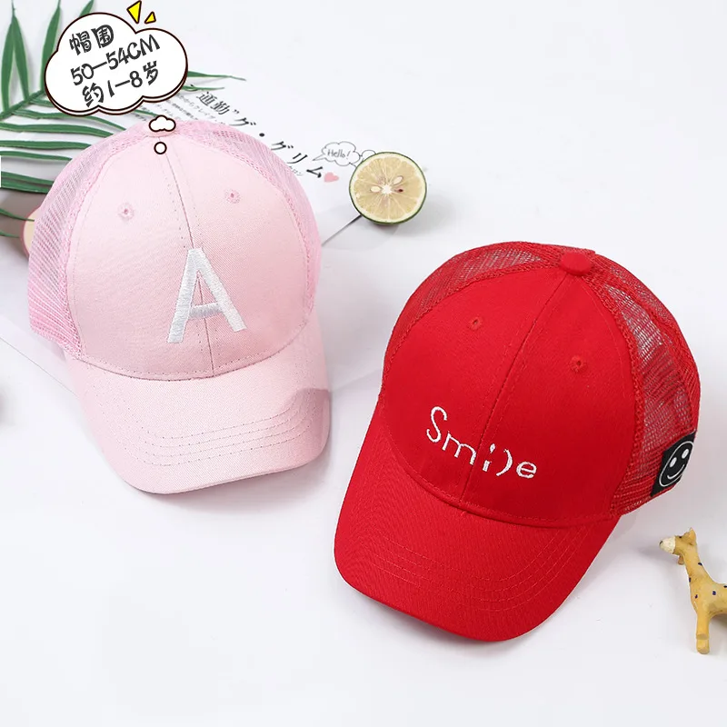 

Children Baby Hat Summer New Style Embroidered Letters Smiley Cricket-cap Mesh Cap College Style Sun-resistant Beach Baseball Ca