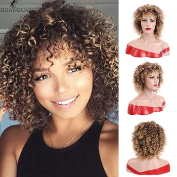 

XUANGUANG 5 Colors Available Natural Afro High Temperature Hair 14 '' Short Synthetic Wigs Afro Kinky Curly Wig for Women