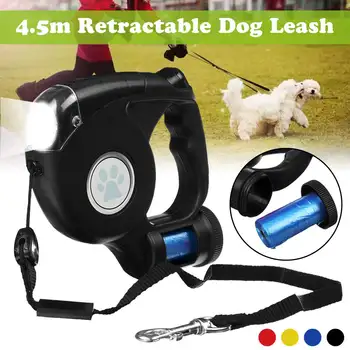 

4.5m LED Flashlight Pet Dog Leash Automatic Retractable Dog Pet Leash Lead Rope with Garbage Bag Walking Running Lead for Dogs