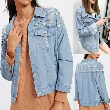 

Button Women's Denim Jacket Pearl Beading Denim Open Front Jean Jacket Long Sleeve Overcoat Winter Coat Women chaquetas mujer