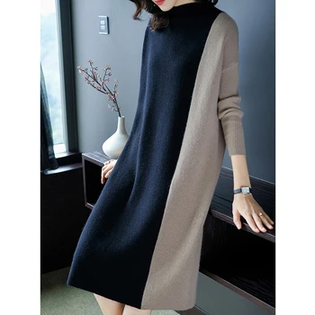 

Women Long Sleeve Dress Casual Fashion Autumn Knitted Sweater Dress Winter Patchwork Sweater Warm Elastic Turtleneck Dress