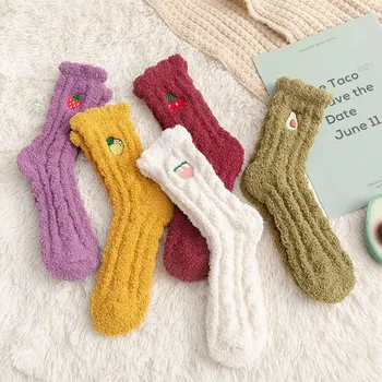 

1 Pair Of Plush Coral Fleece Socks Female Tube Socks Autumn And Winter Fruit Cute Thick Warm Sleeping Floor Sleep Socks