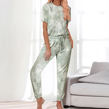

SFIT 2020 New Tie Dye Printed Women Pajamas Set Short Sleeve Tops And Long Pants Pijamas Feminino Nightwear Casual Sleepwear