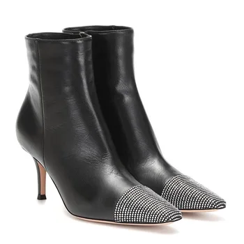 

kmeioo fashion ankle boots woman spring autumn thin heels zipper short boots pointed toe high heels elegant crystal shoes