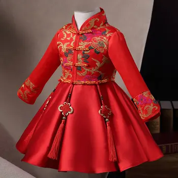 

Girl Chinese-style Cheongsam Birthday Party Red Dress New Years Wedding Formal Kid Dresses Embroidery Girls Clothes 1-7Y
