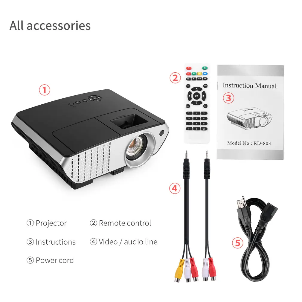 

5 Inch TFT AC 100-240V 2000 Lumens Mini Portable LCD LED Projector Video Multimedia with HDMI Cable for Home Theater Movie