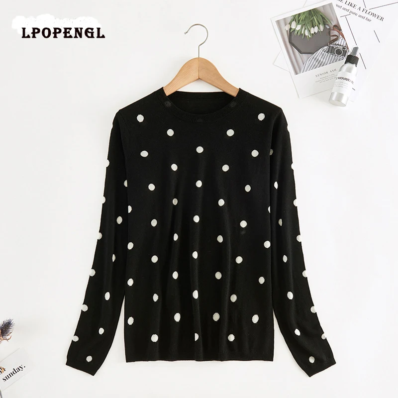 

2019 Autumn And Winter Women's Polka Dot Sweater Women's 100% Pure Wool Sweater Round Neck Pullover Sweater Women Runway Sweater