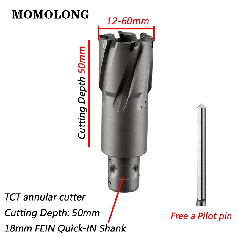 TCT Annular Cutter With FEIN Quick-IN Shank 22*50mm Hard Alloy Hollow Metal Hole Saw Magnetic Drill Bit Diameter 12-65mm x 50mm