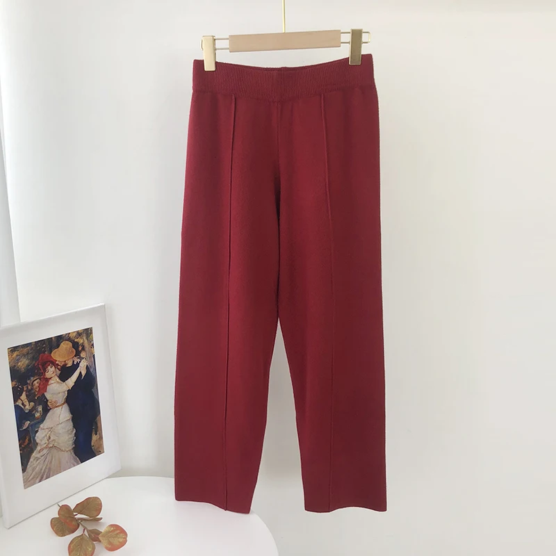 Aachoae Loose Solid Knitted Pants Women Elastic Waist Casual Lady Pants Pleated Leisure Home Wear Long Pants Female Pantalon