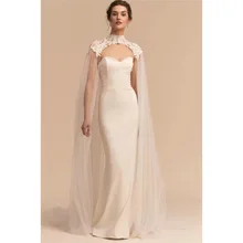 2 Meters White/Ivory Bride Lace Cape Wedding Bolero Jacket Wrap High Neck Appliques Long Bridal Marriage Accessories with Button