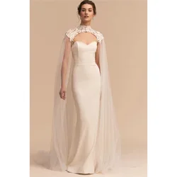 2 Meters White/Ivory Bride Lace Cape Wedding Bolero Jacket Wrap High Neck Appliques Long Bridal Marriage Accessories with Button