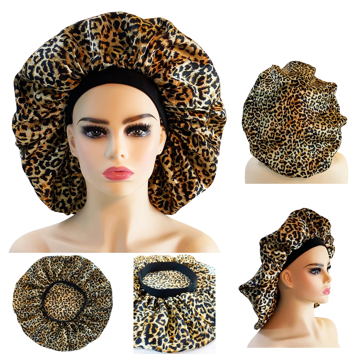 Leopard Women Hair Bonnet Satin Cheveux Nuit Night Sleep Silk Hat